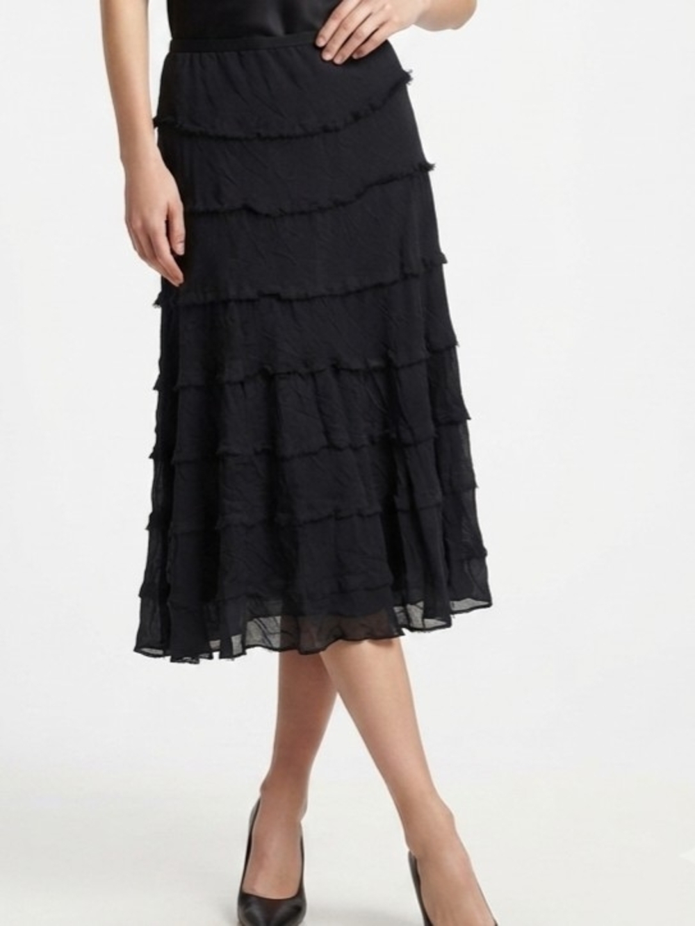 Vintage Kate Hill Black 100% Silk Tiered Ruffled Midi Skirt - Size 8P